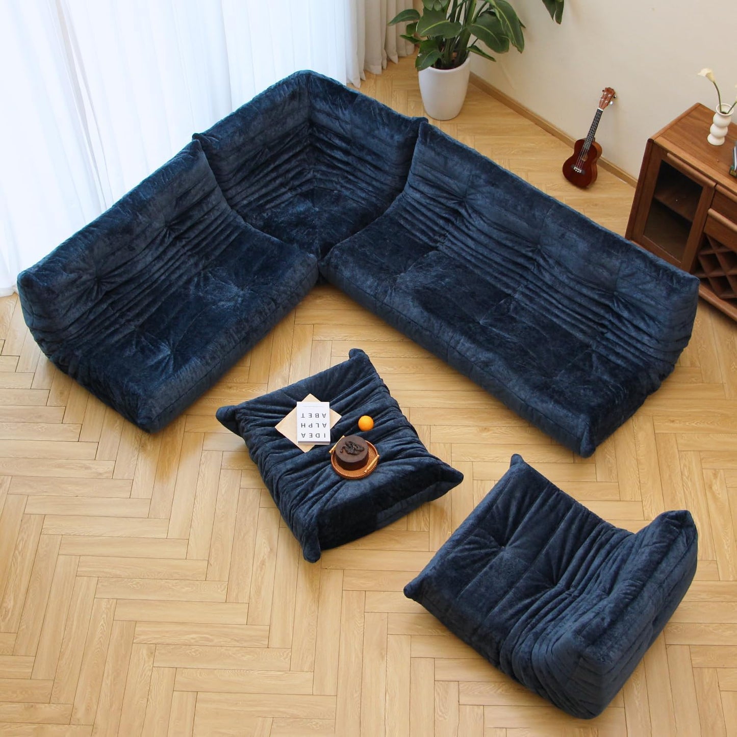 N&V Ottoman, Mid Century Armless Floor Sofa, Soft Premium Chenille Floor Lounge Chair, Foam Sofa Accent Chair for Living Room Bedroom and Office (Blue, Ottoman)