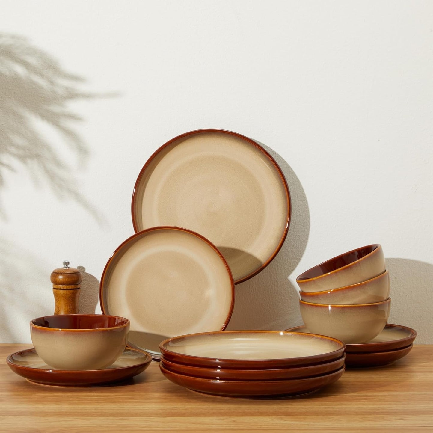 Ceramic Dish Set for 6, 18 Piece Dinnerware Set for Small to Medium Families, Reactive Glaze Design, Dishwasher & Microwave Safe, Brown Yellow