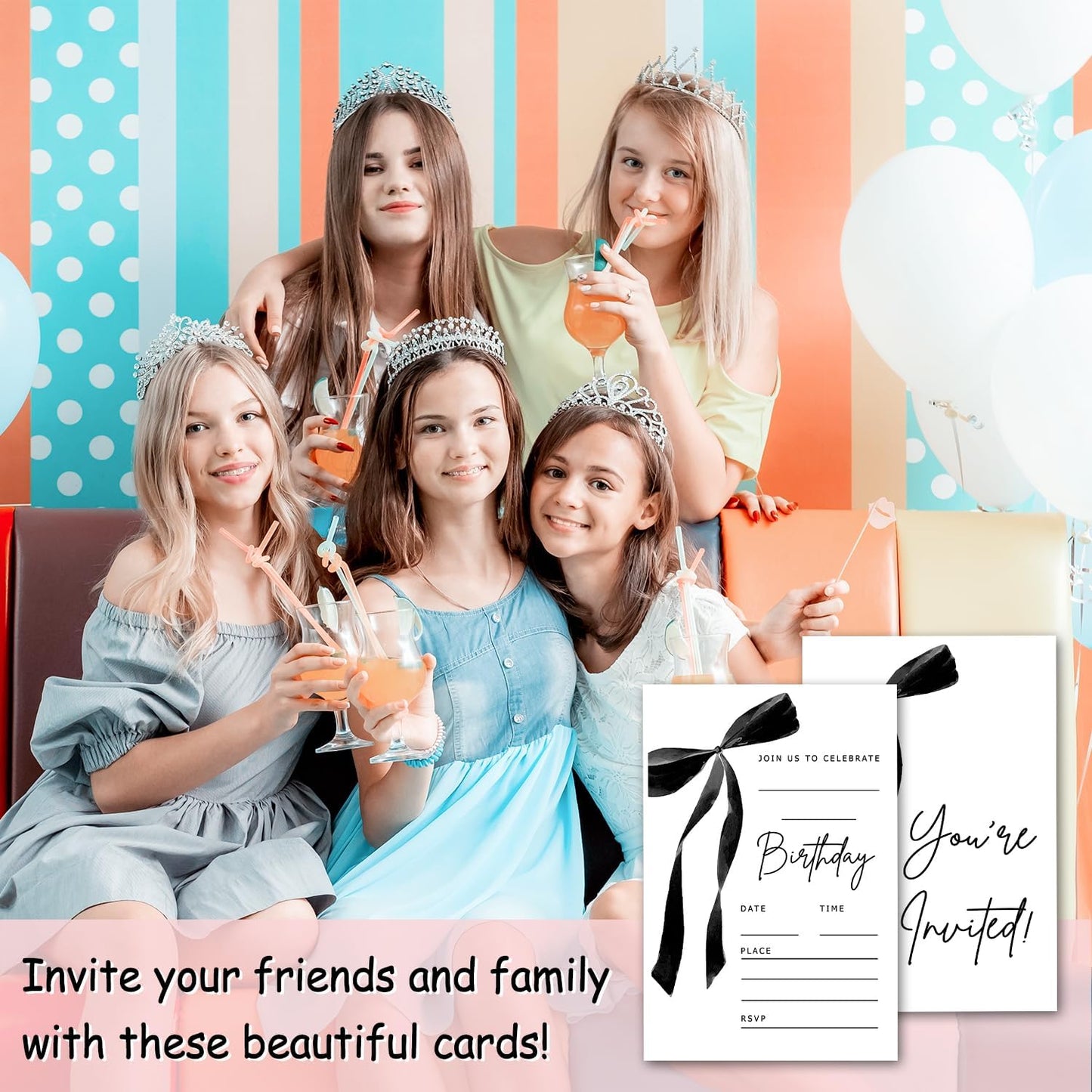 Black Bow Birthday Invitations, Cute Bow Party Invitations, 20 Double-Sided Fill In Invitation with Envelopes for Girls Women, Birthday Party Decorations Favor