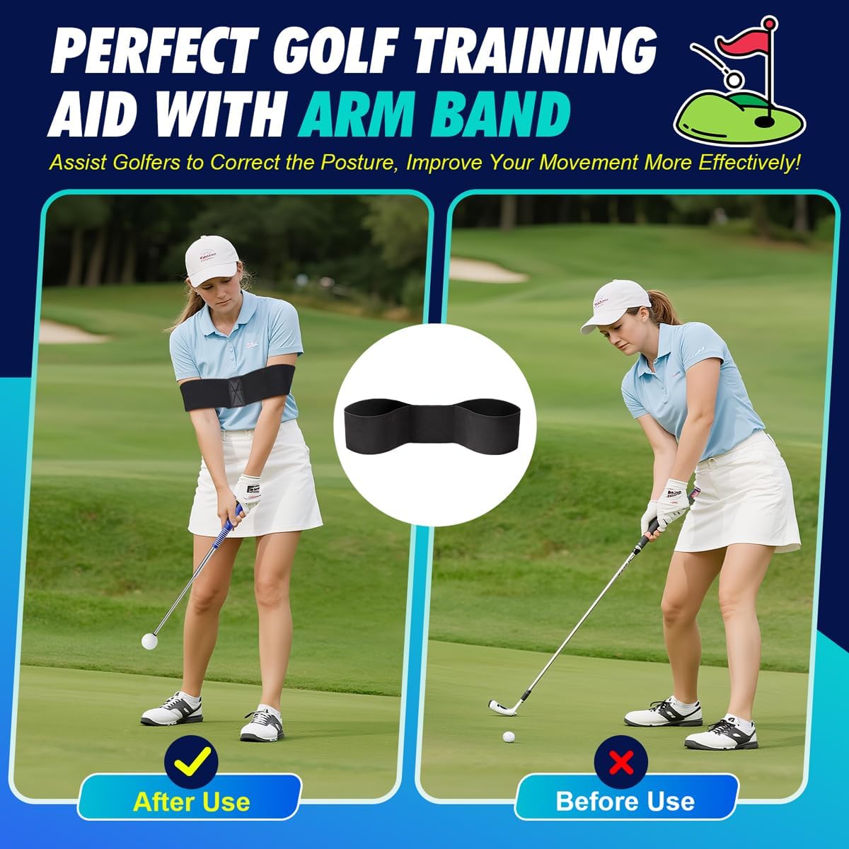 Retractable Golf Swing Training Aid, Right-Handed Golf Swing Trainer with Click Feedback, Tempo Stick Golf to Improve Strength & Tempo with Arm Band, Ideal for Beginners, Indoor & Outdoor Use