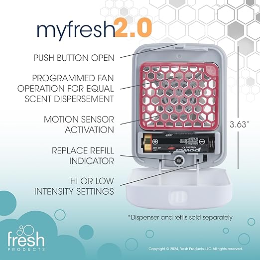 Fresh Products myfresh 2.0 Personal Air Freshener with Dry Fragrance Technology for Small Spaces Compact Design Motion Sensor Battery Included Spiced Apple 6 pk