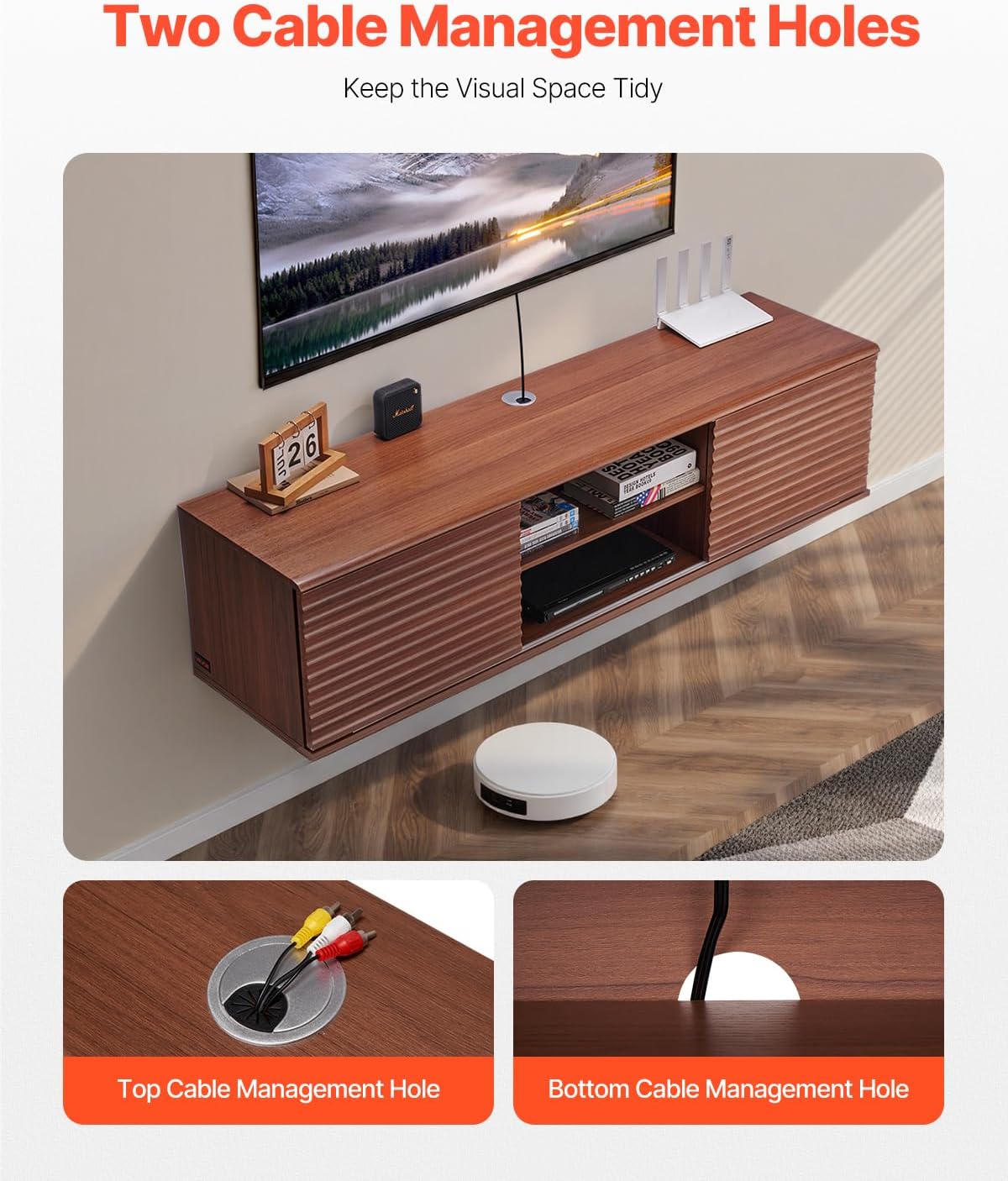 VEVOR Floating TV Stand, 60" Wall Mount Entertainment Center with Adjustable Shelf & Sliding Doors, 2 Tiers Floating TV Shelf with Storage Cabinet for DVD Player, Cable Box, Game Console, Walnut
