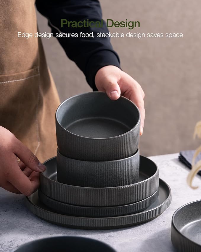 famiware Star Plates and Bowls Sets, Modern Stoneware Dinnerware Sets for 8, 24-Piece Kitchen Dish Set - Microwave and Dishwasher Safe, Chip and Scratch Resistant, Matte Dark Charcoal