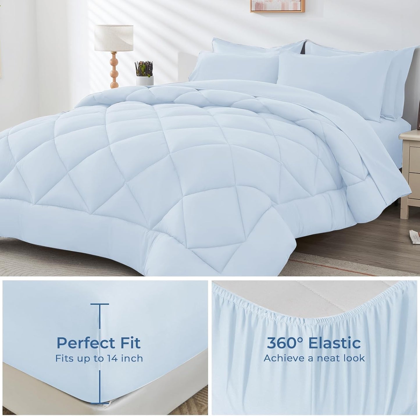 HEVUMYI Light Blue Twin Comforter Set - 5-Piece All Season Bed in a Bag Twin, Ultra Soft Bedding Set with Comforter, Flat Sheet, Fitted Sheet, Pillowcases, Pillow Shams