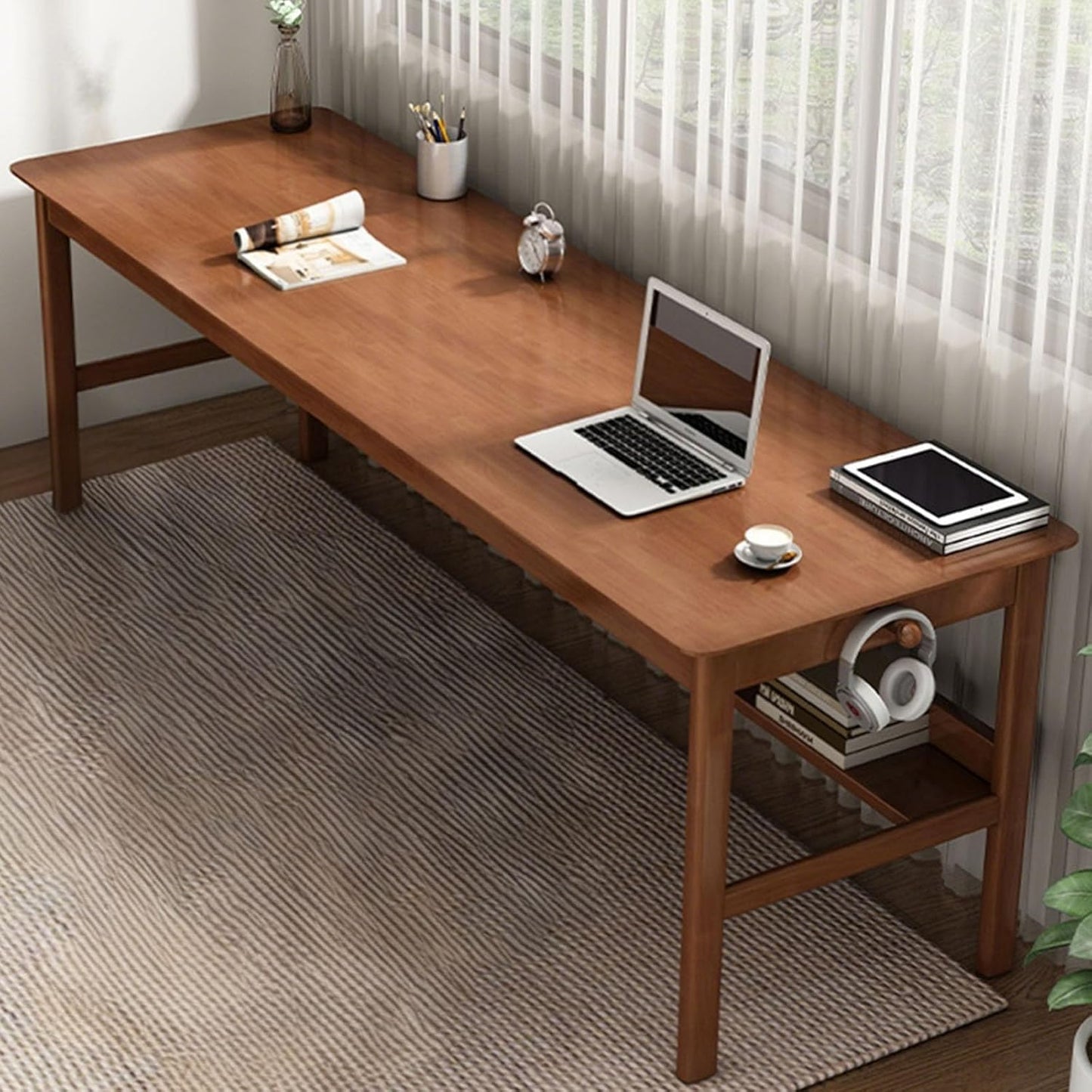 Solid Wood Long Desk 63 inch Home Office Work Desk, 2-Person Simple Writing Desk Table Computer Workstation with Storage Shelf for Living Room, Study Room, Bedroom, Walnut