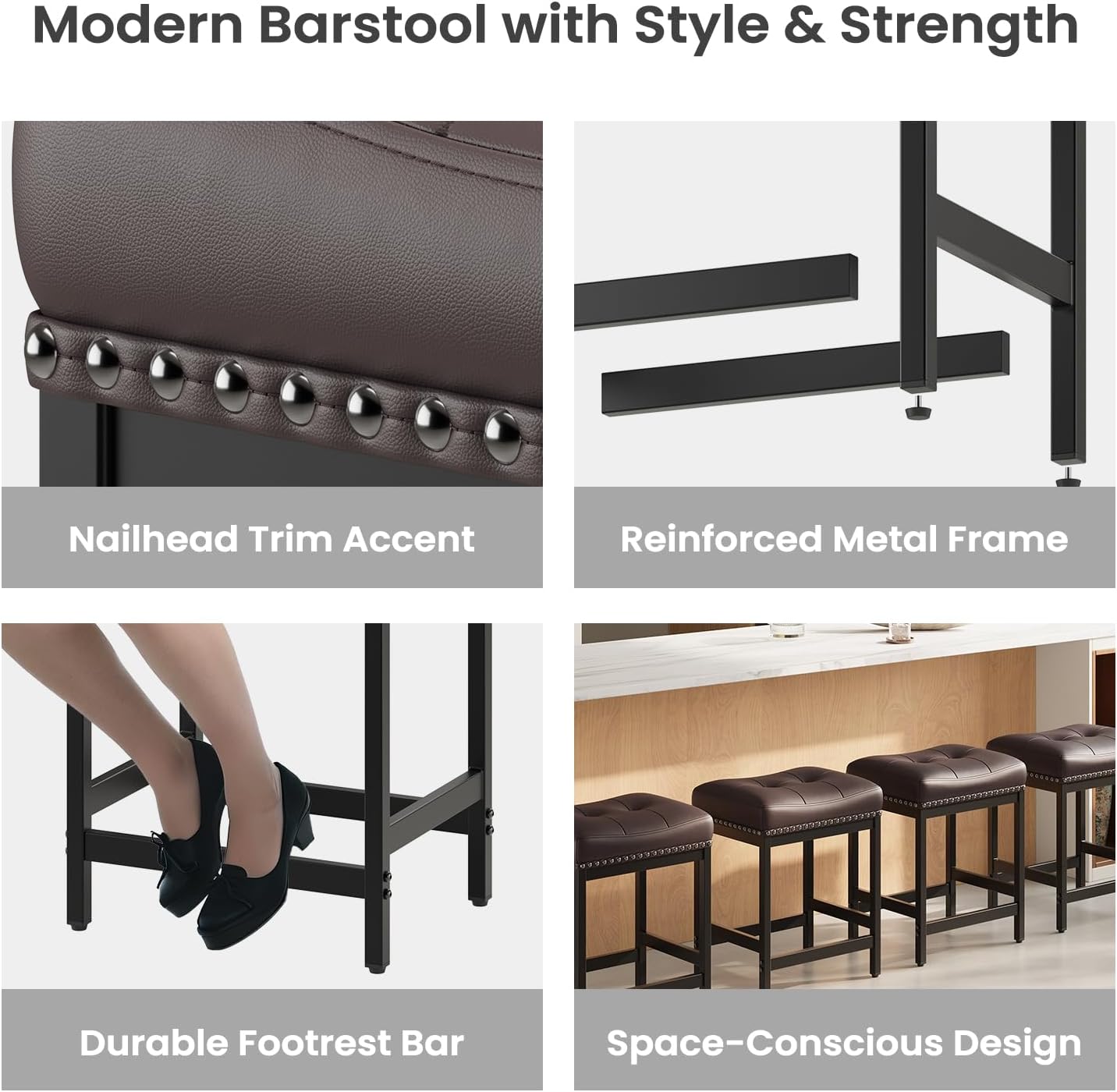 MALOL Set of 4 Saddle Bar Stools Counter Height 24.4”, Backless Barstools for Kitchen Island, Modern PU Leather Cushioned Seat, Bar Chairs for Kitchen Counter, Breakfast Bar Stools for Home,Brown