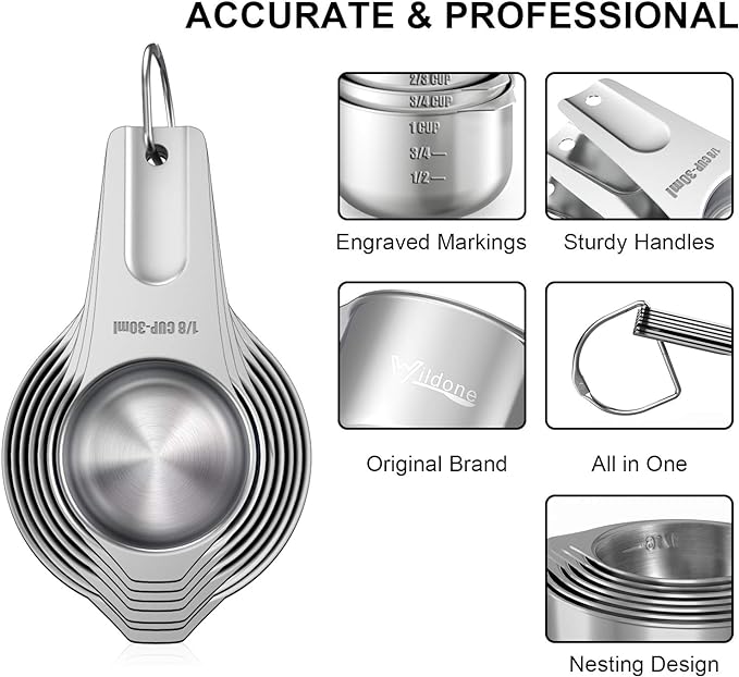 Measuring Cups and Magnetic Measuring Spoons Set, Wildone Stainless Steel 7 Measuring Cups, 8 Double Sided Stackable Magnetic Measuring Spoons, 1 Leveler & 5 Mini Spoons - 21 Piece