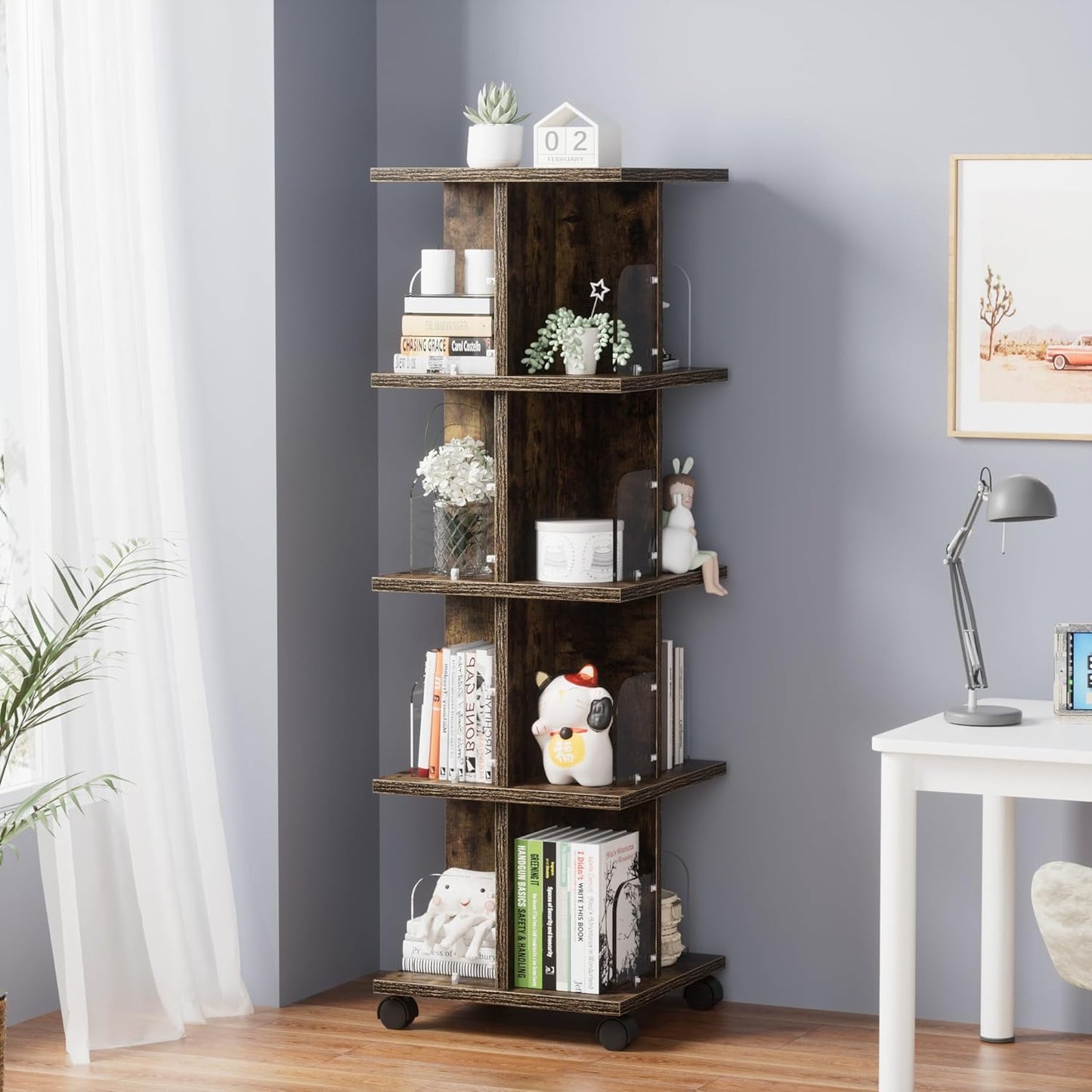VECELO Rotating Bookshelf with Brake Wheels, 360°Display 4 Tier Floor Stackable Spinning-Bookshelf Tower for Kids&Adults, Revolving Bookcase for Small Space,Corner(Brown)