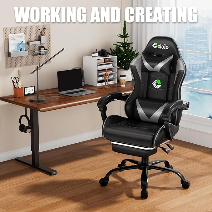 Gaming Chair with Footrest Racing Style Lumbar Support Massager Video Game Chair with Metal Legs, High Back Reclining Gamer Chair with Headrest, 360° Swivel Office Computer Desk Chair (Gray)