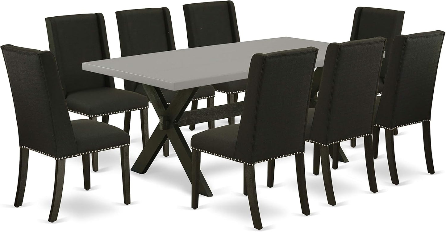 East West Furniture X697FL624-9 9 Piece Dining Room Furniture Set Includes a Rectangle Dining Table with X-Legs and 8 Black Linen Fabric Upholstered Chairs, 40x72 Inch, Multi-Color