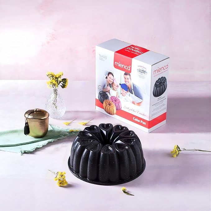 Heart Shape Aluminum Cake Pan, Titanium Coating, Non-Stick, 12 Cups, Heavy Duty, Gifts for Mom, Molded Cake Pan, 10 Inch Baking Mold, Cast Aluminum Fluted Tube Pan, Easy to Clean (Black)