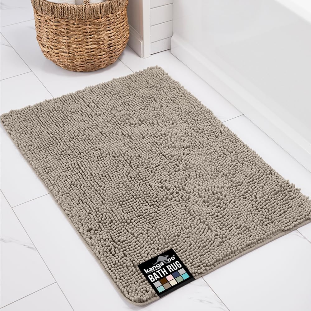 KANGAROO Bathroom Rugs, Chenille Soft Absorbent Bath Rug, Shaggy Shower Mat, Quick Dry Machine Wash Bathmat, Plush Carpet Mats for Tub, Bathtub and Room Home Decor Accessories, 42x24, Beige