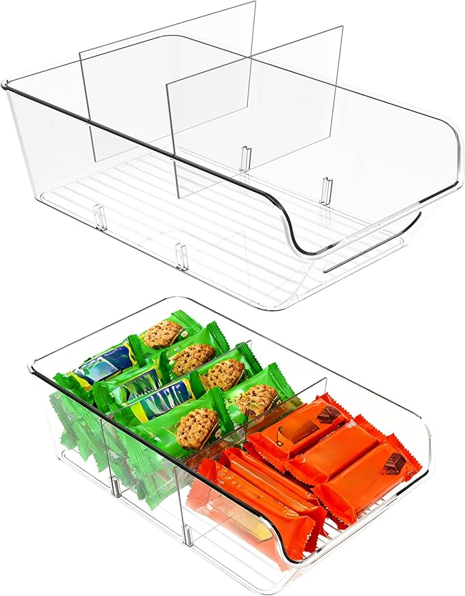Pantry Organizers and Storage,Clear Plastic Containers with 2 Dividers for Kitchen,Fridge,freezer Organization and Storage,Acrylic Bins for Pounches,Spice Packet,Snack organzier (2 Pack)