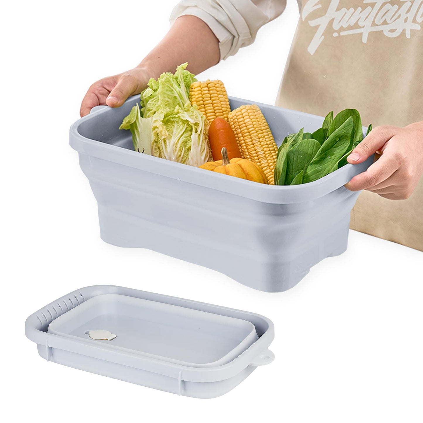 Daimix Collapsible Dish Pans, 2Gal (7.5L) Capacity, Plastic Dish Tub Dishpan for Kitchen Sink with Drainage Hole, Foldable Small Wash Basin for Kitchen, Camping, Travel (Light Blue)