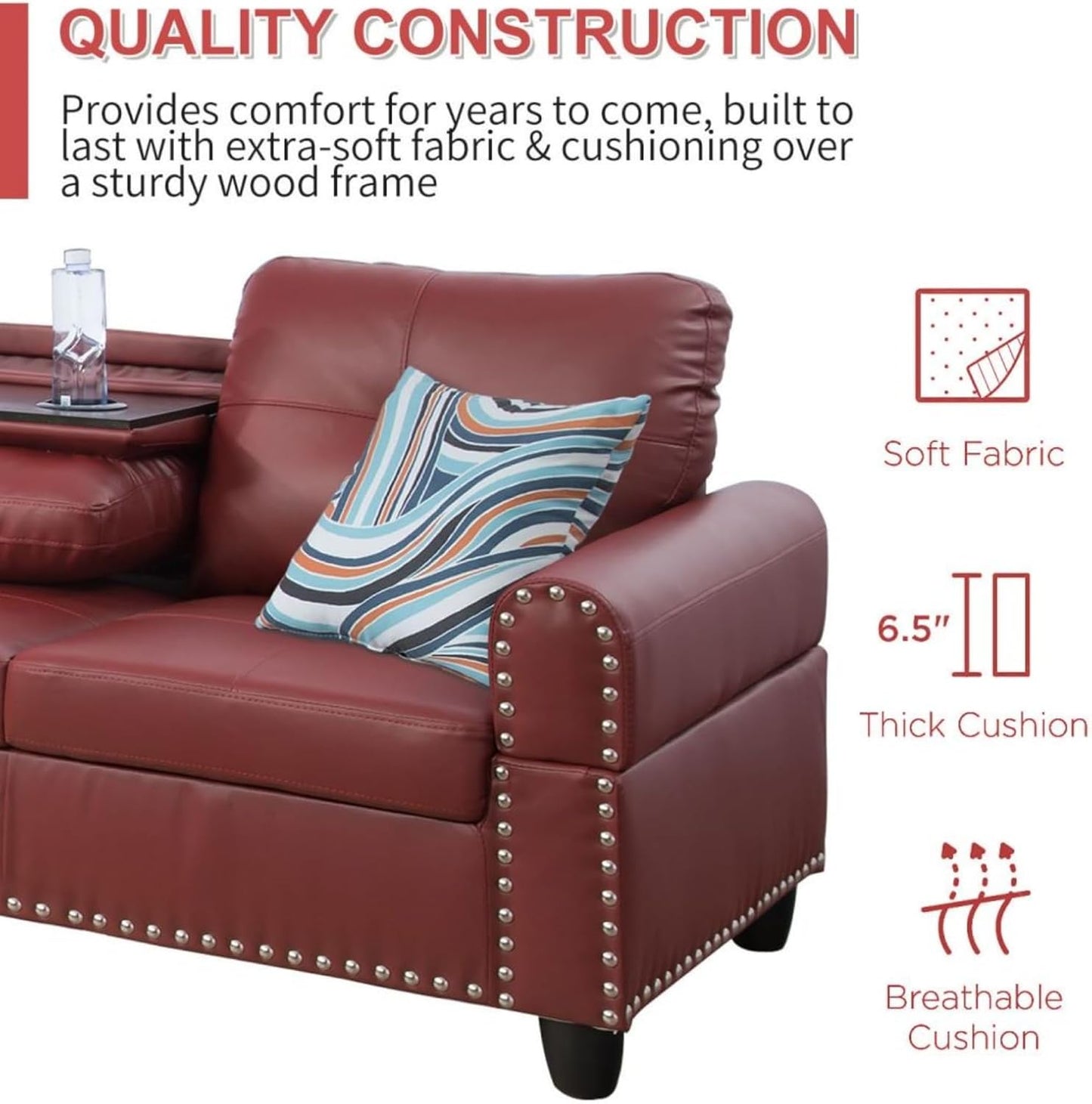 LeatherL Shaped Couch with Ottoman, Modern Nail-Head Design Comfy Sectional Sofa with Cup Holder & Chaise for Living Room, Bedroom, Office, Red