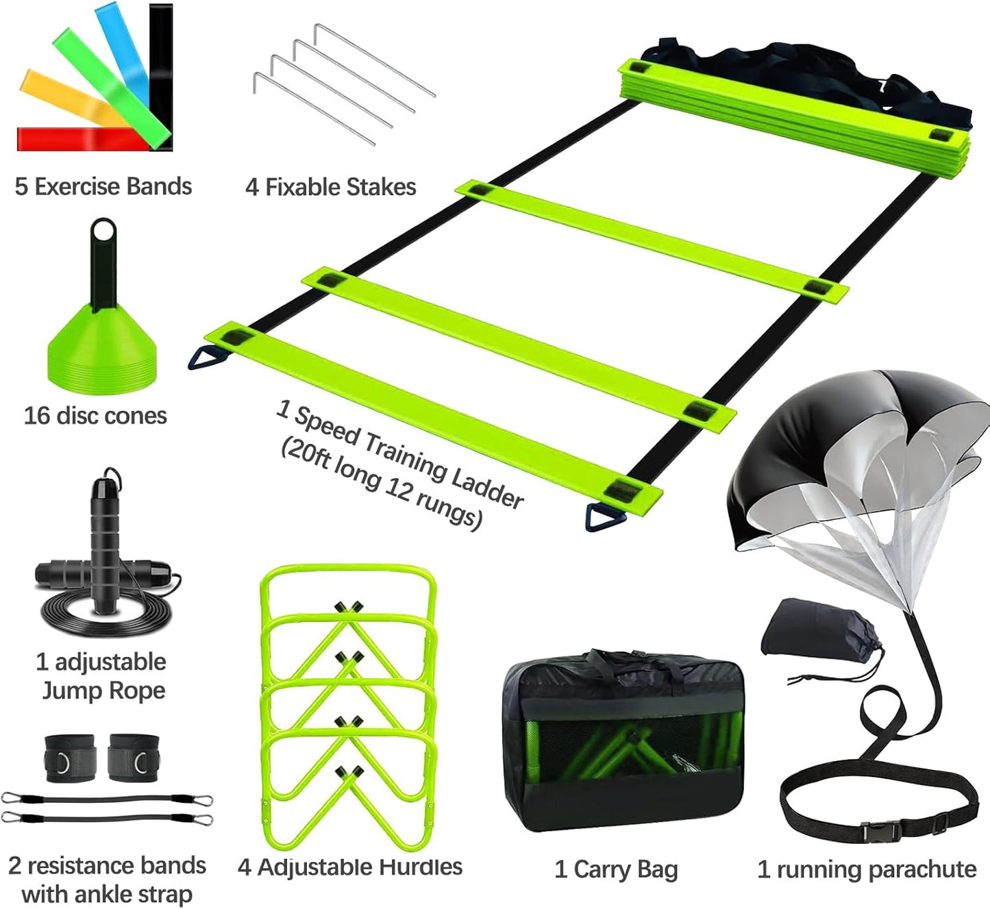 Agility Training Equipment, Football Training Equipment Includes 20FT Agility Ladder,4 Adjustable Agility Hurdles, 12 Football Cones, Parachute, for Training Soccer Basketball Athletes