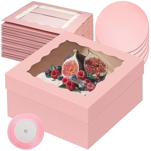 qiqee 12x12x6 Cake Box, 18 Sets Pink Cake Box with Window ＆ 18 Sets 8" Cake Round Boards, 8inch Cake Containers, 10 Meters Silk Ribbon