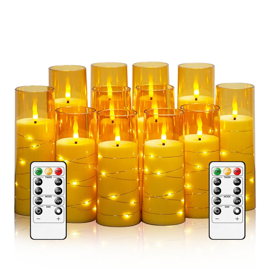 Sasigeiaa Flameless Candles with Embedded Star String - Battery Operated LED Candles, with Remote,12 Gold Flickering Candles for