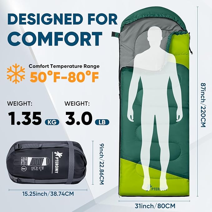 PTEROMY Sleeping Bags for Adults, Lightweight and Machine Washable, Water Resistant Backpacking Camping Sleeping Bag for Warm Cold Weather, Camping Essentials for Hiking Travel