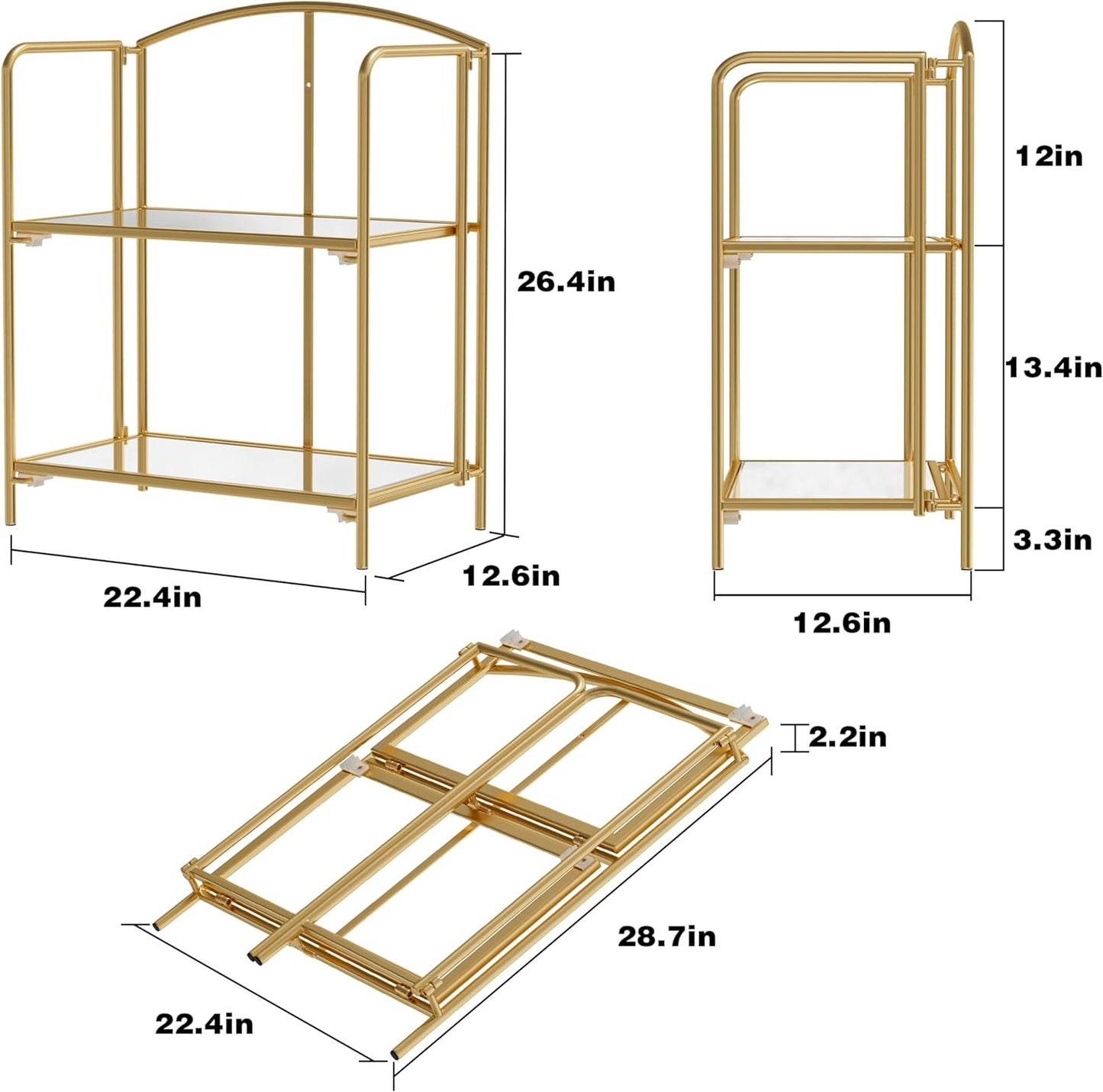 Crofy No Assembly Folding Bookshelf for Living Room, 2 Tier Gold Collapsible Book Shelf for Home Office, Portable Bookcase Storage Organizer