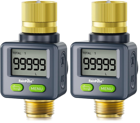 RAINPOINT Water Flow Meter with Brass Inlet & Outlet, 180° Screen-Flip Water Meter, Measure Gallon/Liter Consumption for RV Filling, Garden Watering, Sprinkler and Hoze Nozzle (Pack of 2)