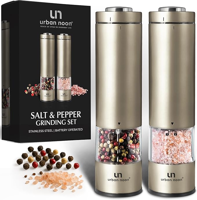 Electric Salt and Pepper Grinder Set - Battery Operated Stainless Steel Mill with Light (2 Mills) - Automatic One Handed Operation - Electronic Adjustable Shakers - Ceramic Grinders Champagne