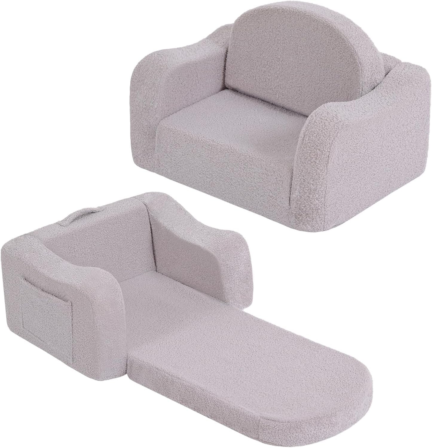 Welnow Kids Sofa, 2-in-1 Soft Sherpa Toddler Chair, Convertible Toddler Couch Lounger, Flip Out Kids Couch Chair with Side Pockets & Removable Cover for Girls and Boys, Grey