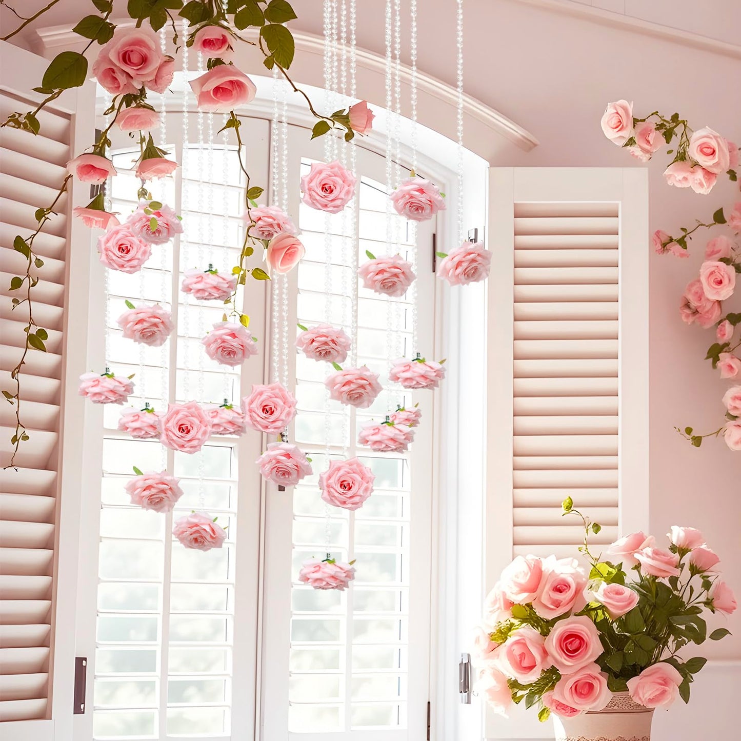 FYSUIMU 24Pcs 31.5 Inch Wedding Pink Artificial Rose Vine Garland Faux Flower Crystal Bead Hanging Garland for Valentine Birthday Wedding Party Decoration DIY Crafts Supplies