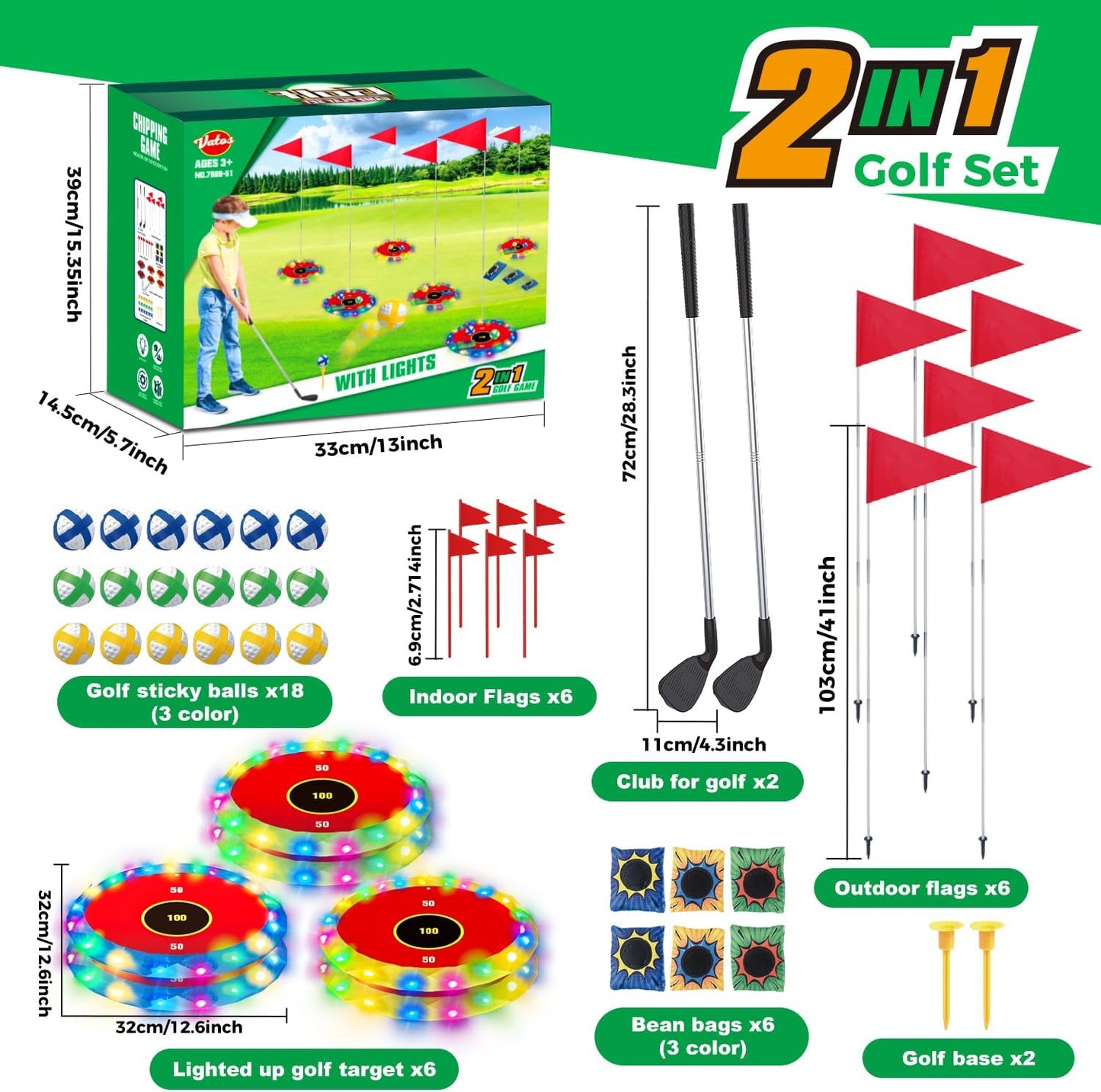 VATOS 2-in-1 Light up Golf for Kids- Golf Chipping Game & Bean Bag Toss with 6 LED Targets, 2 Clubs, 18 Balls, Night Golfs Play for Indoor Outdoor Party Yard Golfer Gifts Sports Toys for Kids 5-12