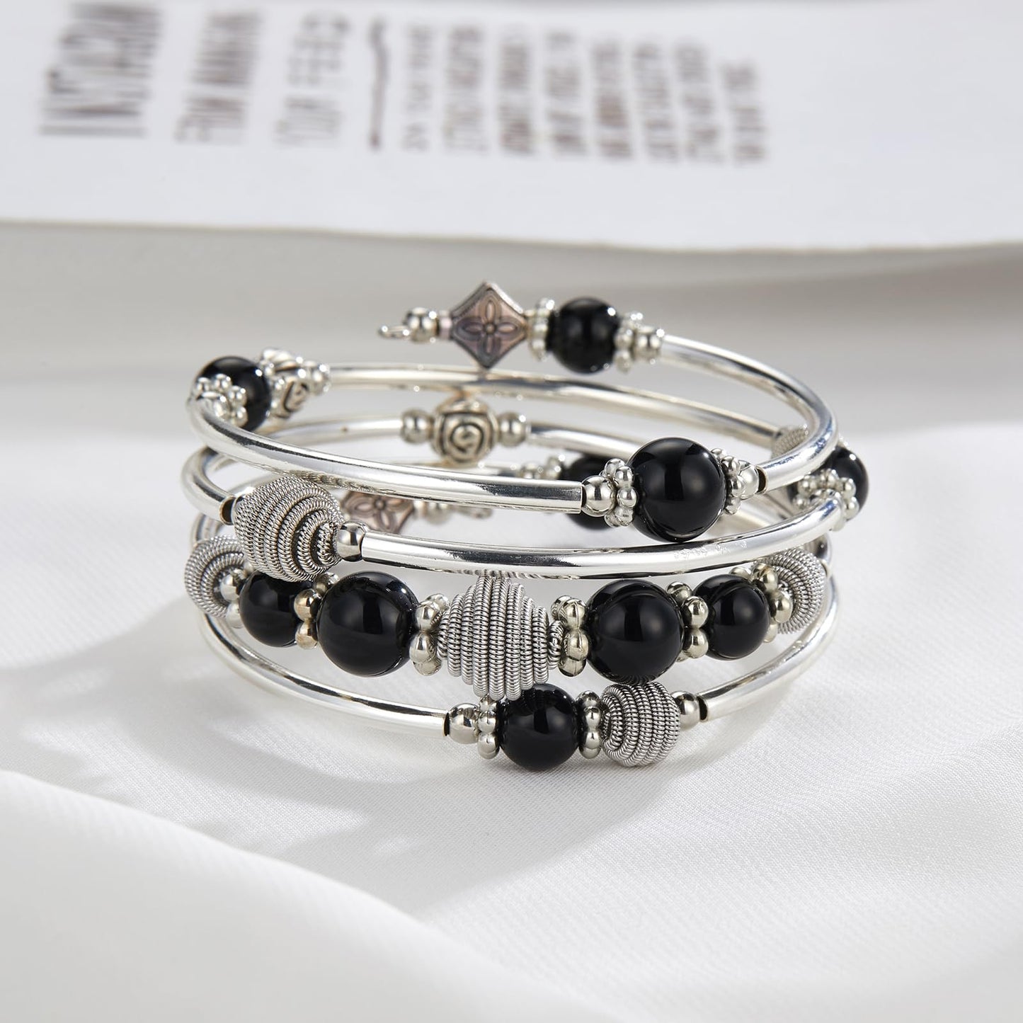 PEARL&CLUB Beaded Chakra Bangle Turquoise Bracelet - Fashion Jewelry Wrap Bracelet with Thick Silver Metal and Mala Beads, Birthday Gifts For Women(Black)