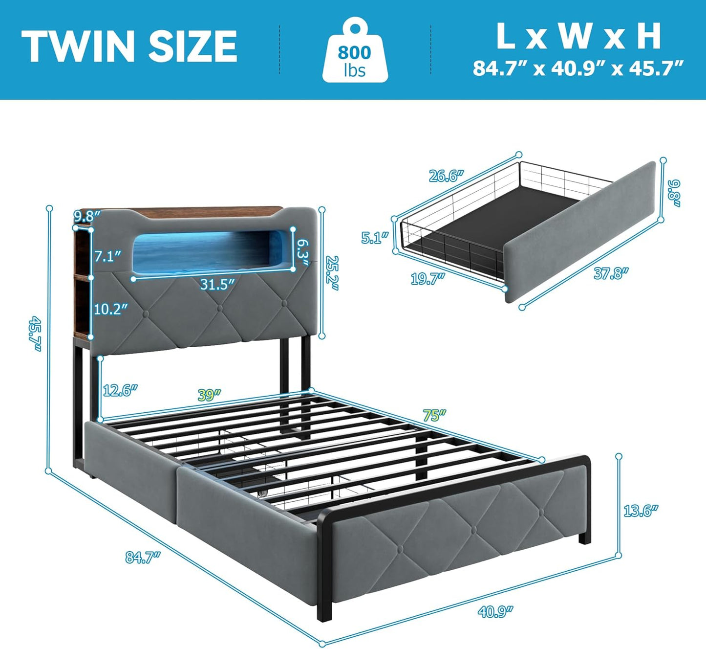 Twin Upholstered LED Bed Frame with 2 Storage Drawers and 2-Tier Storage Bookcase Headboard, Velvet Platform Bed for Kids/Girls/Boys, Heavy Duty Metal Support, No Box Spring Needed, Grey