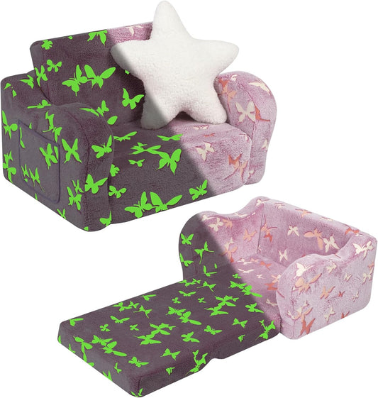 Butterfly Glow in The Dark Toddler Couch, 2-in-1 Toddler Soft Couch Fold Out with Star Pillow, Convertible Sofa to Lounger for Girls and Boys, 1-Seat