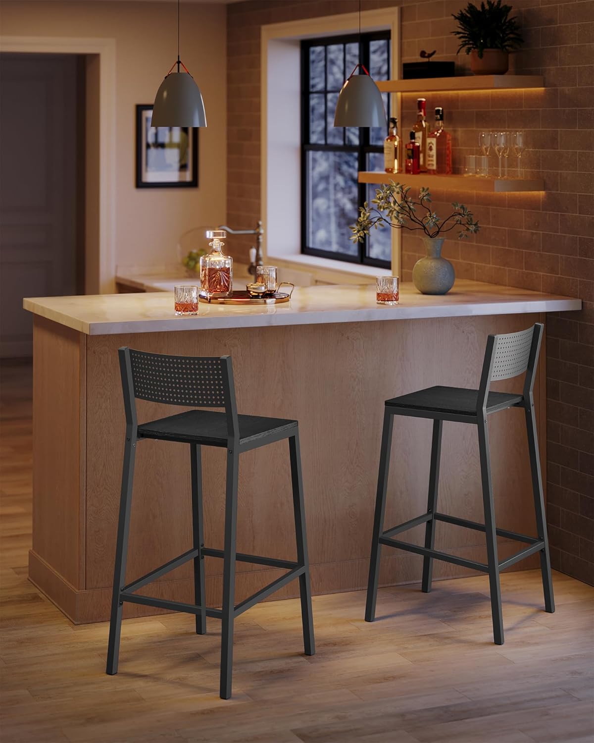 VASAGLE Bar Stool Set of 2, Bar Chairs for Kitchen, Dining Room, Industrial, Charcoal Gray and Black ULBC070B22