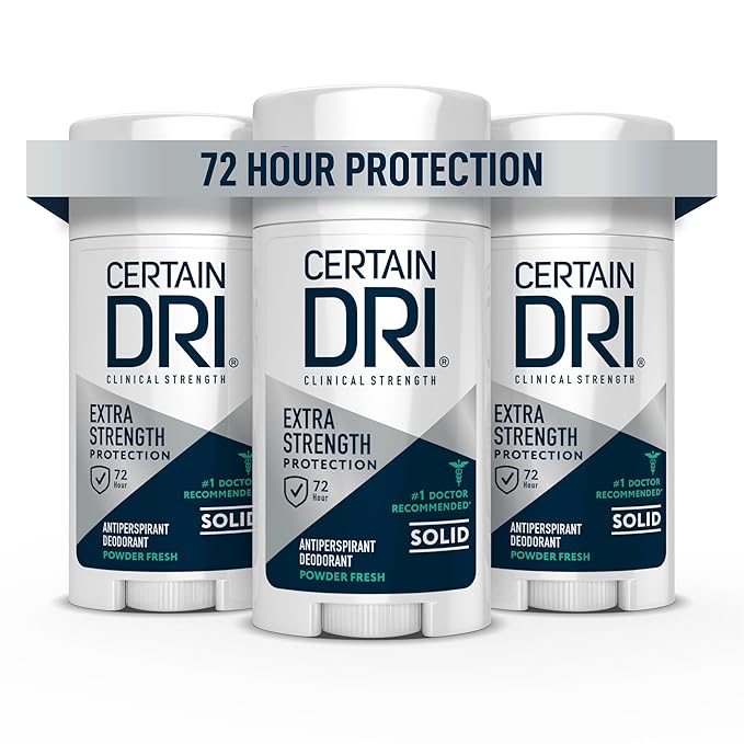 Certain Dri Extra Strength Clinical Solid Antiperspirant, 72-Hour Sweat & Odor Protection for Hyperhidrosis, Maximum-Strength, Powder Fresh Scent, 1.7 oz, (Pack of 3)