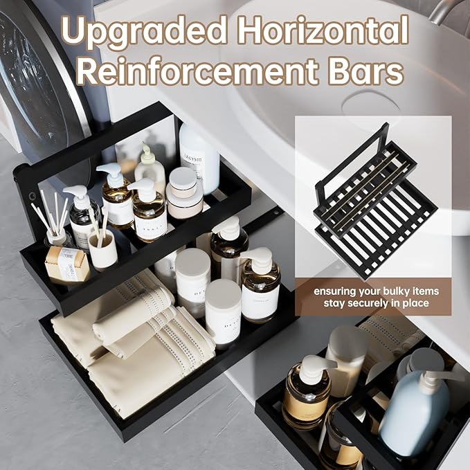 Bamboo Under Sink Organizer - 2 Tier Pull Out Cabinet Shelves with Adjustable Height, Undersink Storage Slide Out for Kitchen Bathroom Cabinet Pantry Black