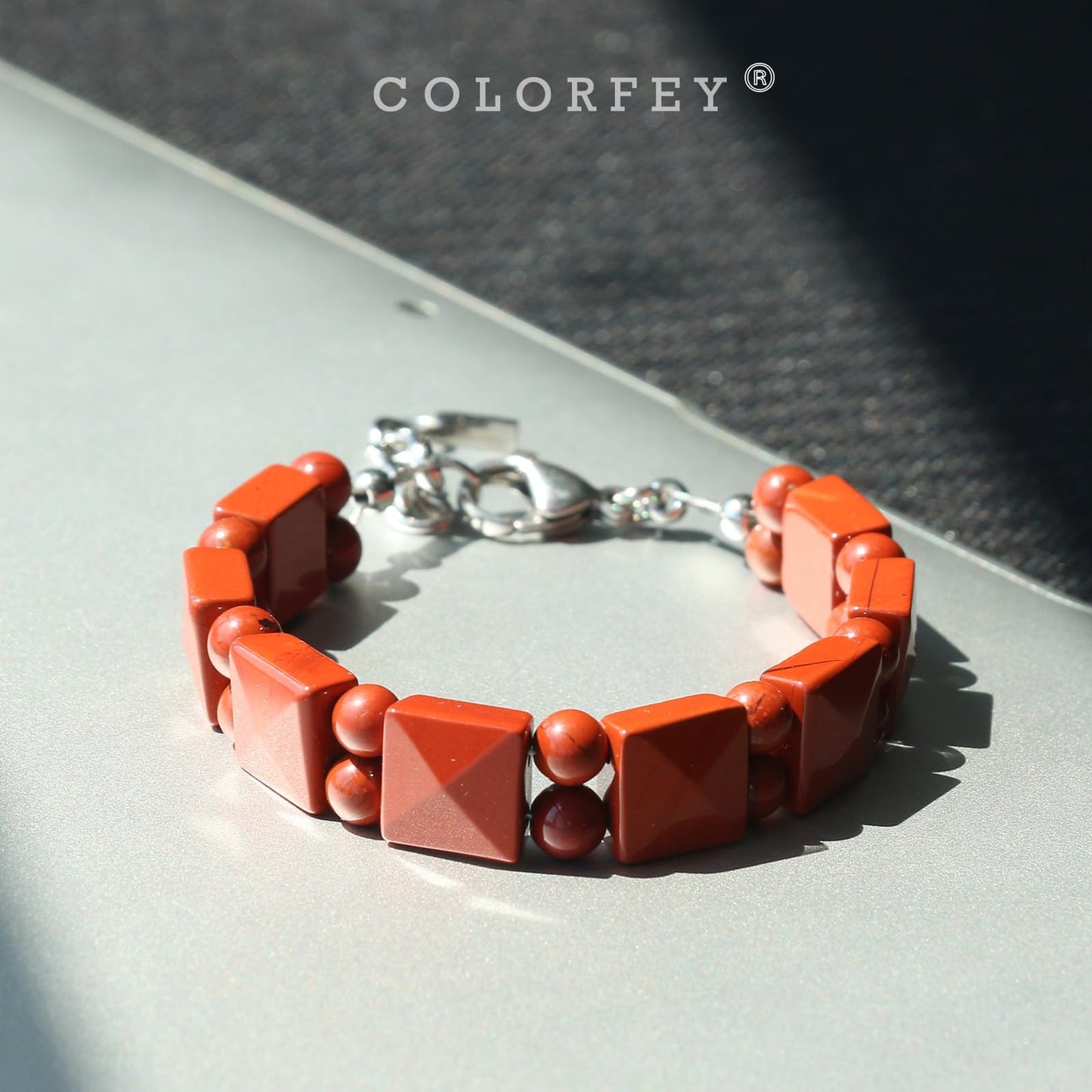COLORFEY Red Bracelets for Women Men Real Red Agate Beads Protection Crystal Bracelets Flated Square Stone Bracelet for Women, Handmade Natural Crystals Durable Wire Bracelet for Stress Relief