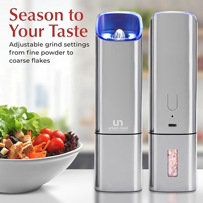 Automatic Salt and Pepper Grinder Set - Rechargeable Electric Salt and Pepper Shakers with Adjustable Coarseness, LED Light, One-Handed Use, Gravity Salt Grinder and Electric Pepper Mill