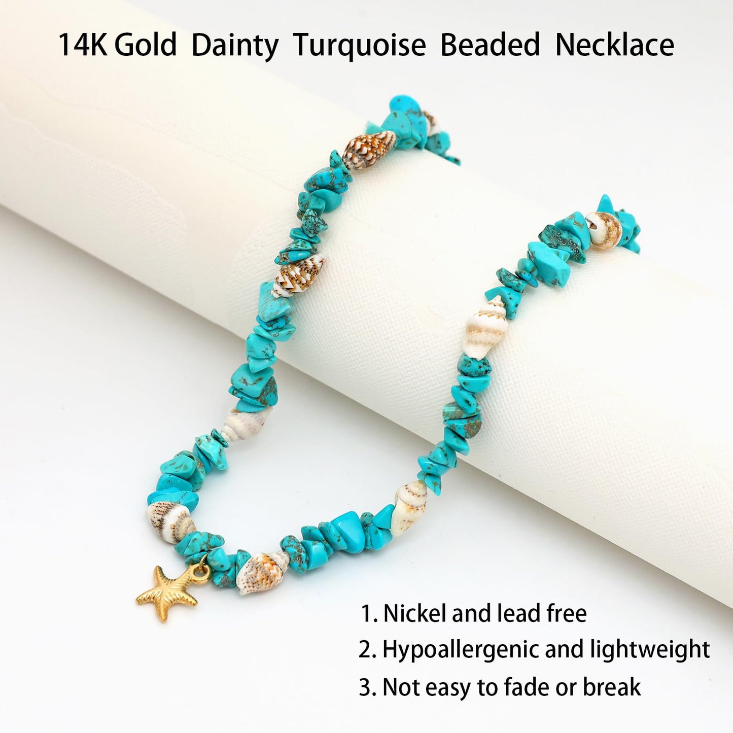 Starfish Turquoise Necklace for Women, 14K Gold Plated Dainty Starfish Turquoise Beaded Necklaces Handmade Beach Summer Boho Shell Ocean Choker Beachy Vacation Necklaces for Women Blue 16 Inches