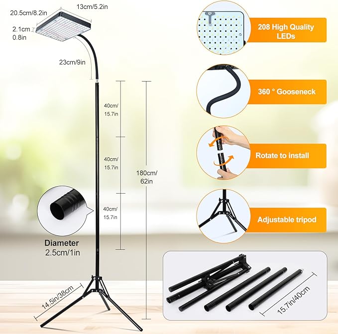 2026 Grow Light on Upgraded Stand for Indoor Tall Plants, Bonsai Tree, Bright Natural Sunlight Full Spectrum, 4/8/12/16/20H Timer, 25 Watt Power, NO Need Adapter, 24"-64" Height Adjustable