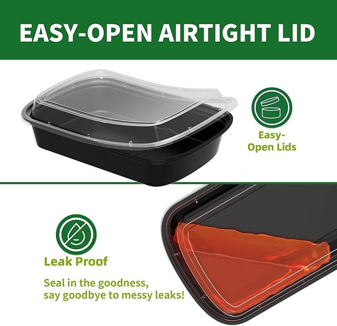 Meal Prep Containers, 50 Pack 38oz (100-Piece) Disposable Take Out Food Storage Containers with Leakproof Lids, Large Plastic To Go Lunch Boxes, BPA Free, Microwave/Dishwasher/Freezer Safe