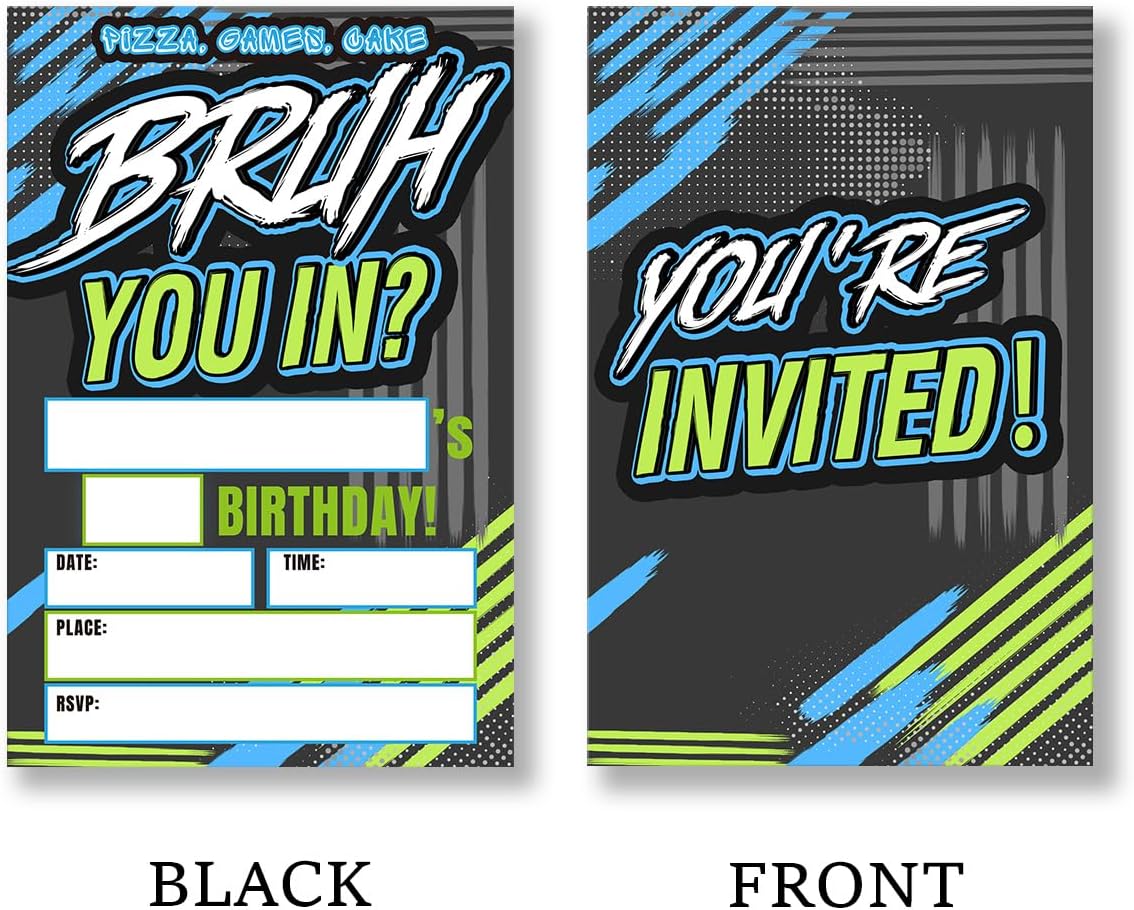 Bruh Birthday Invitation Supplies with Envelopes Set of 20 Birthday Invitations for Boys Teens Fill in Blank, Double Sided