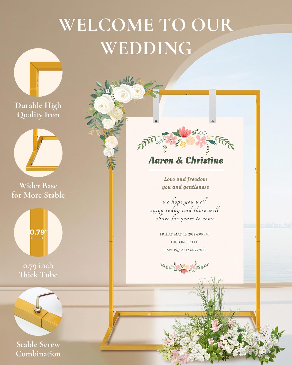 Wedding Sign Holder - Adjustable Welcome to Our Wedding Sign Stand Stand with 39 Premium Templates & Leather Straps, 64"x 30"x 20" Heavy Duty Easel Stand for Sign Display Poster, Wedding, Birthday