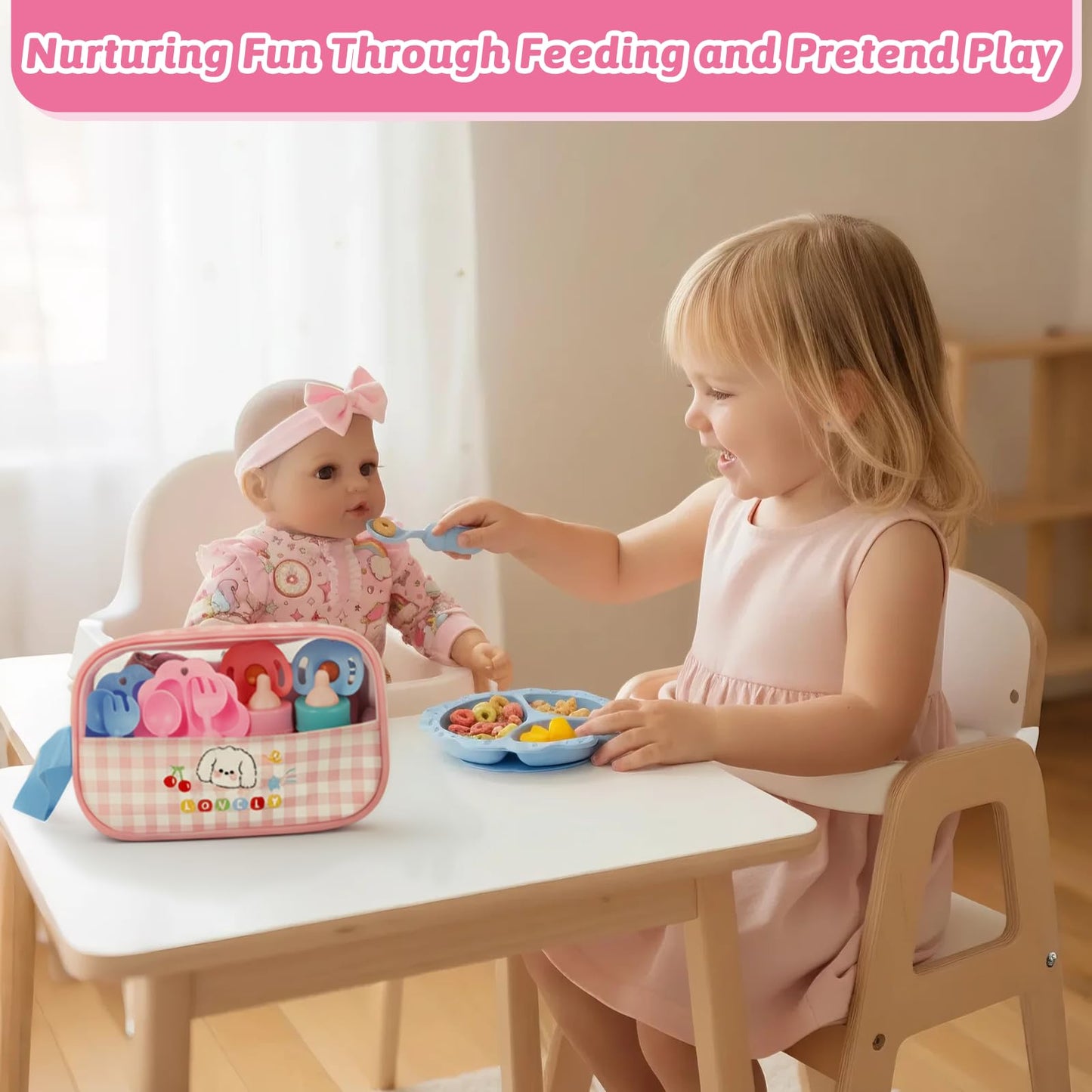 CARANOVO Baby Doll Accessories Set – 7 Pcs Feeding Bottle Toys, Magic Disappearing Milk & Juice, Pretend Play Set with Pacifiers, Reusable Bibs and Diapers, Kids Gift