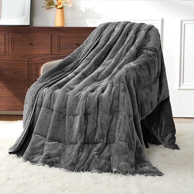 Uttermara Weighted Blankets for Adults Full Size, 15lbs 48x72 inches Blanket with Soft Warm Plush Sherpa Fleece, Washable Thick Heavy Throw for Sleep, Anxiety and Calming, Grey