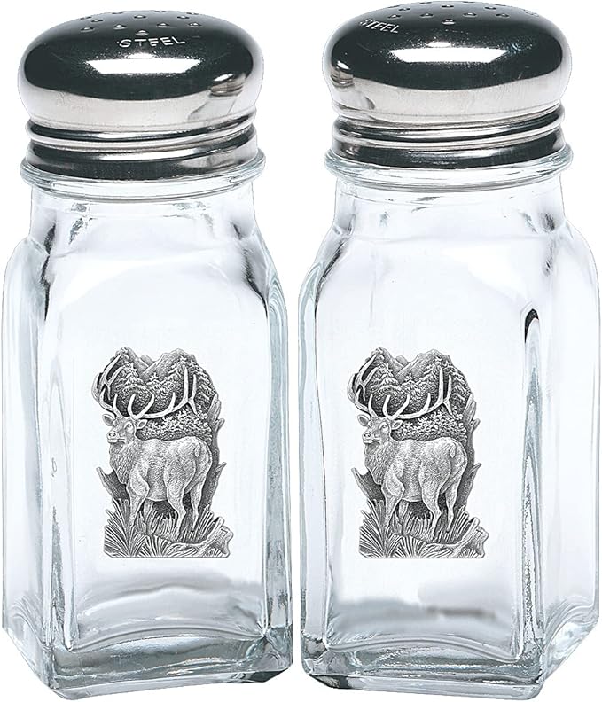 Heritage Pewter Elk Salt and Pepper Shaker Set of 2 Bottles | Expertly Crafted Pewter Glass