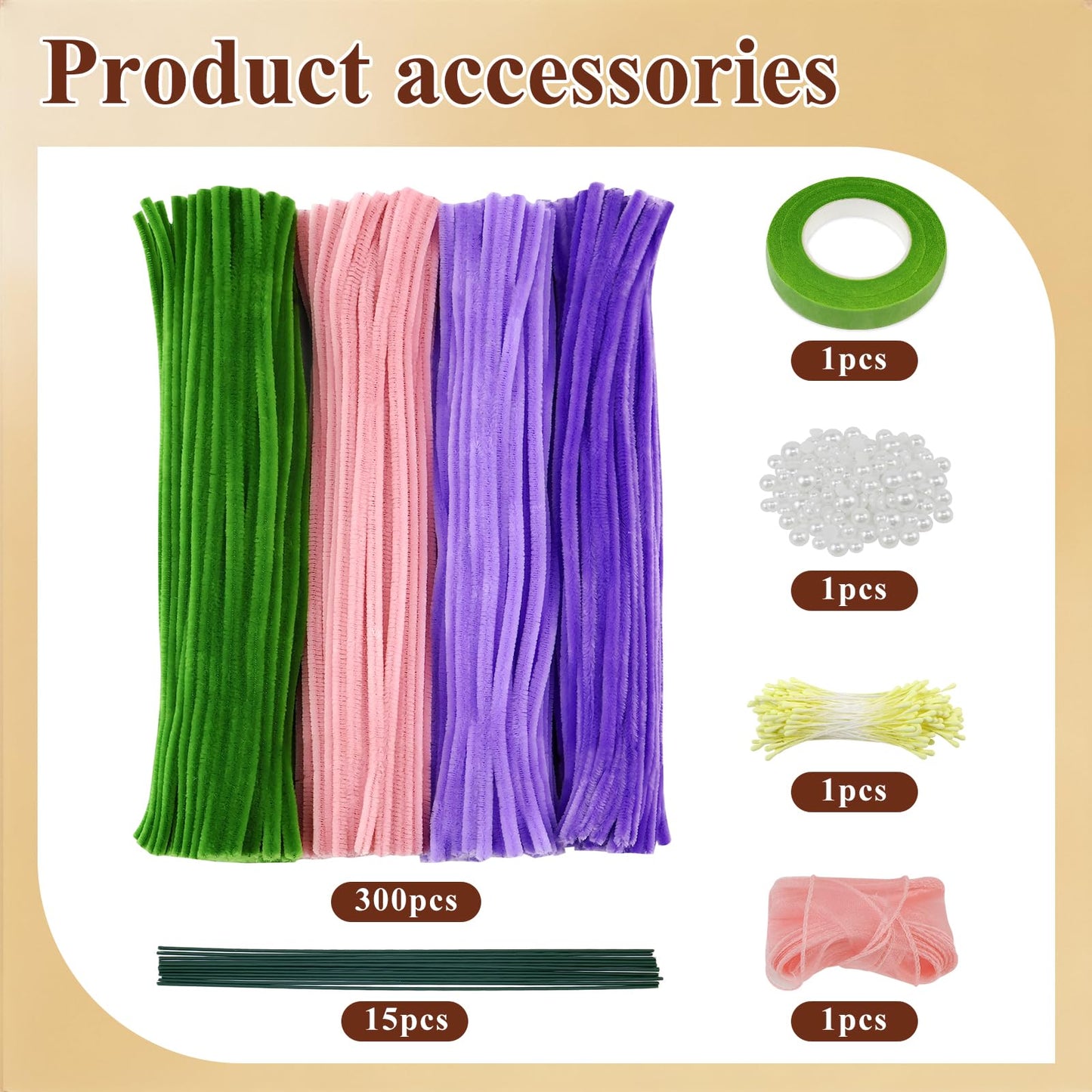 CHRORINE 320 Pcs Pipe Cleaners Bulk Pipe Cleaner Flower Kit Craft Supplies Soft and Flexible Creative Suitable for Art DIY Packaging and Decoration- Purple, Light Purple, Pink, Dark Green