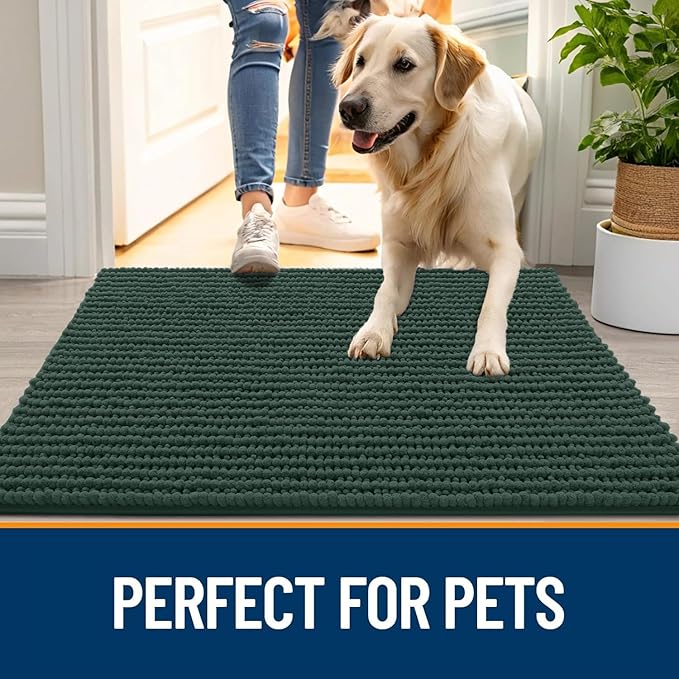 OLANLY Dog Door Mat for Muddy Paws 47x17, Ultra Absorbent Chenille Mud Doormat, Non-Slip Washable and Dirt Trapping Doormat for Indoor Entryway, Quick-Dry Indoor Pet Bed Mats for Dogs, Blackish Green