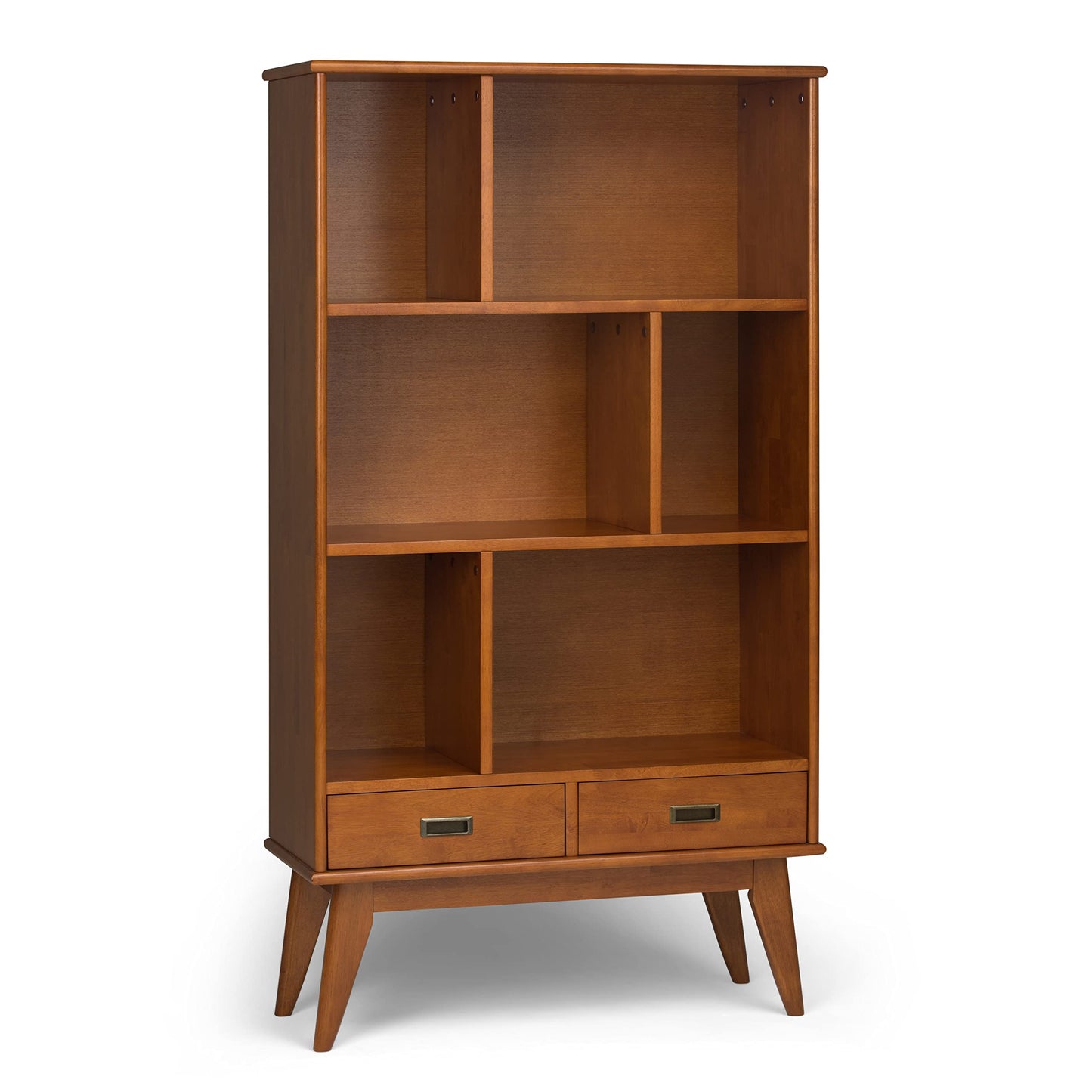 SIMPLIHOME Draper 35 inch Mid-Century Modern 6 Cubbie Bookcase with Drawer (Set of 2) in Teak Brown for the Living Room, Study Room and Office