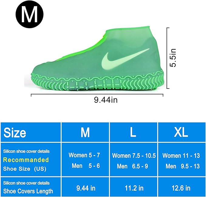 Waterproof Shoe Covers, Silicone Reusable Shoe Cover Non-slip Durable Zipper Elastic Rain Cover Protection for Men Women (M (Women 5-7, Men 5-6), Green)