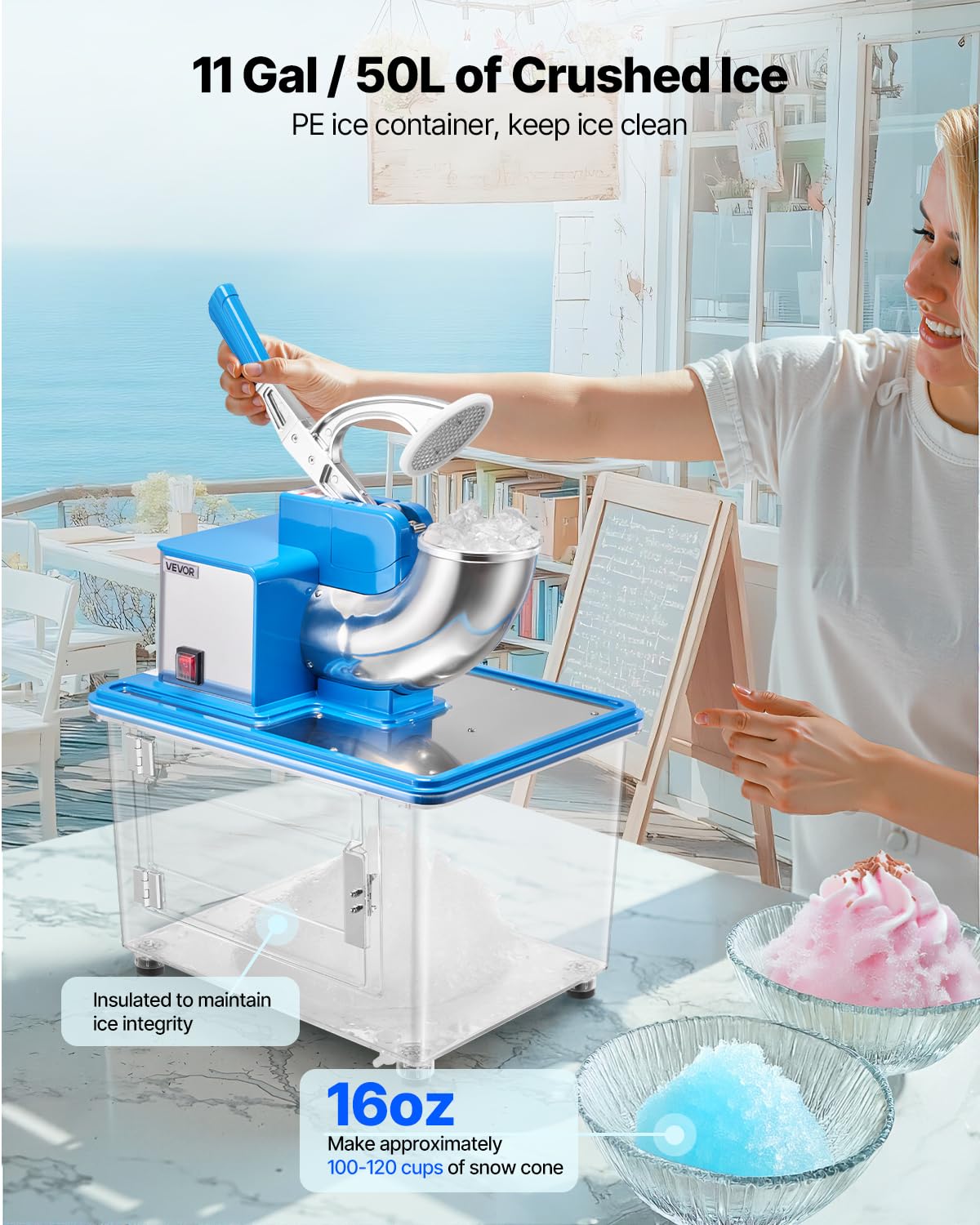 Vevor Commercial Ice Crusher 661Lbs/H, 350W Electric Snow Cone Machine With 4 Blades, 2000Rpm Stainless Steel Shaved Ice Machine